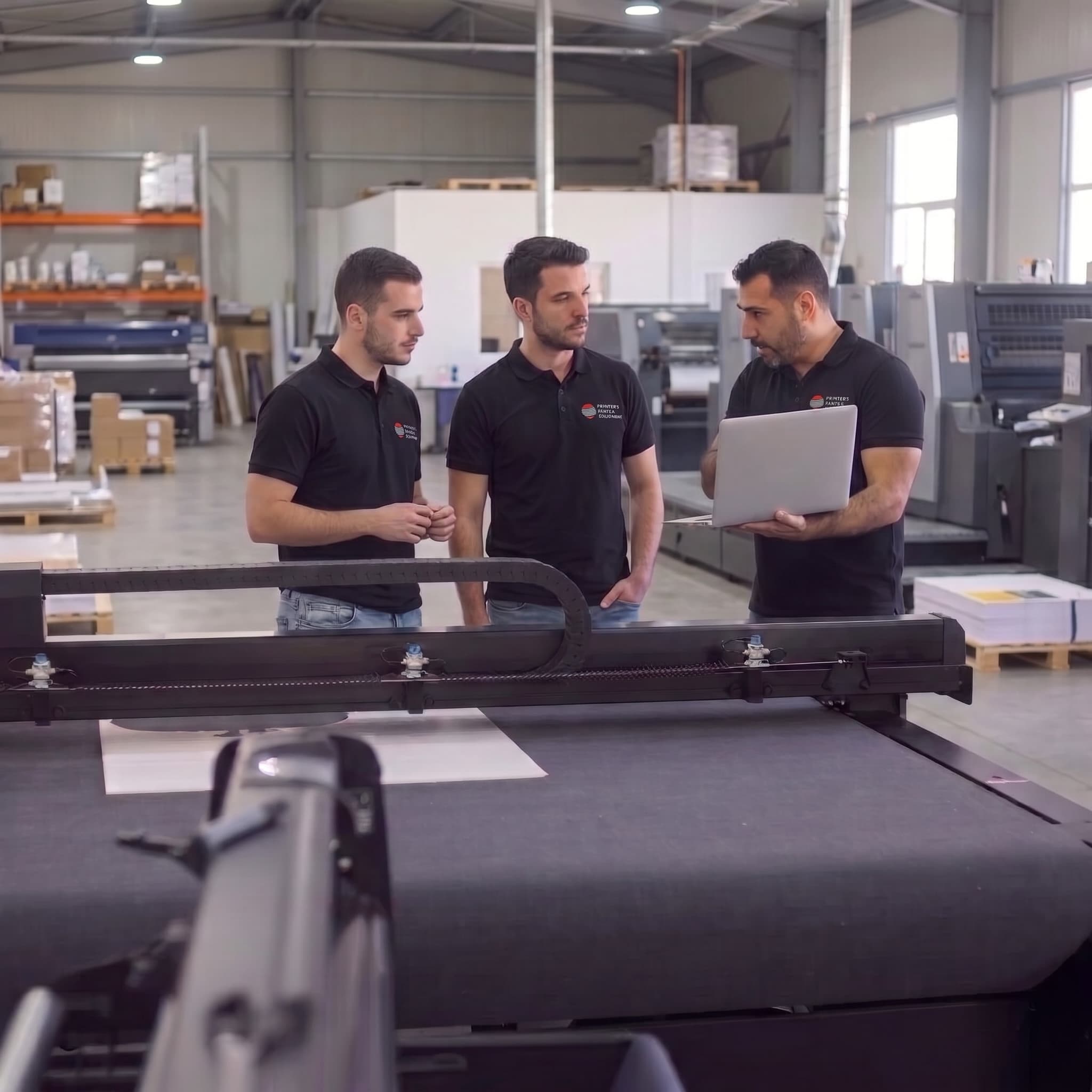Professionals reviewing production data on a tablet